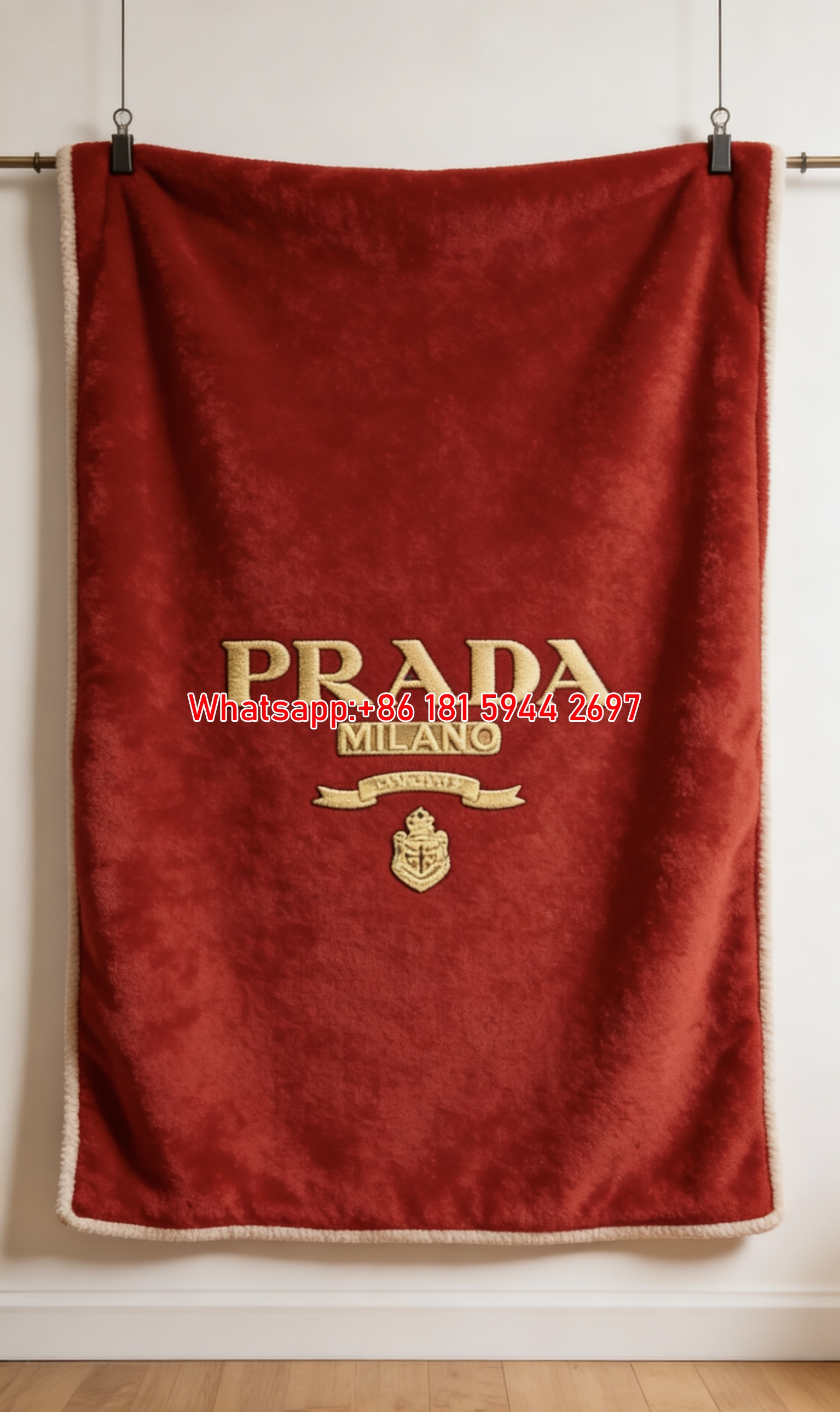 Prada Red Gold Logo Print Fleece Sofa Throw Blanket IMG_2685
